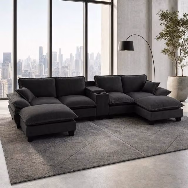 Divano modulare a U OKWISH in ciniglia nera con portabicchieri, porte USB, vano contenitore e 2 pouf inclusi L: 362 cm, P: 151 cm, H: 90 cm