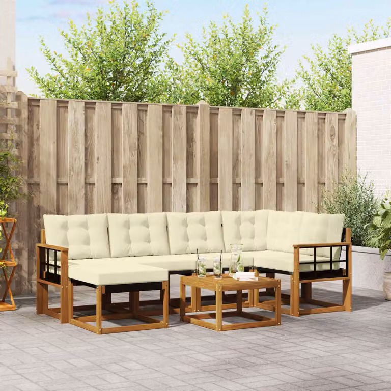 Set di divani da esterno vidaXL 7 pz in legno di acacia con cuscini beige e bianco per giardino e terrazza