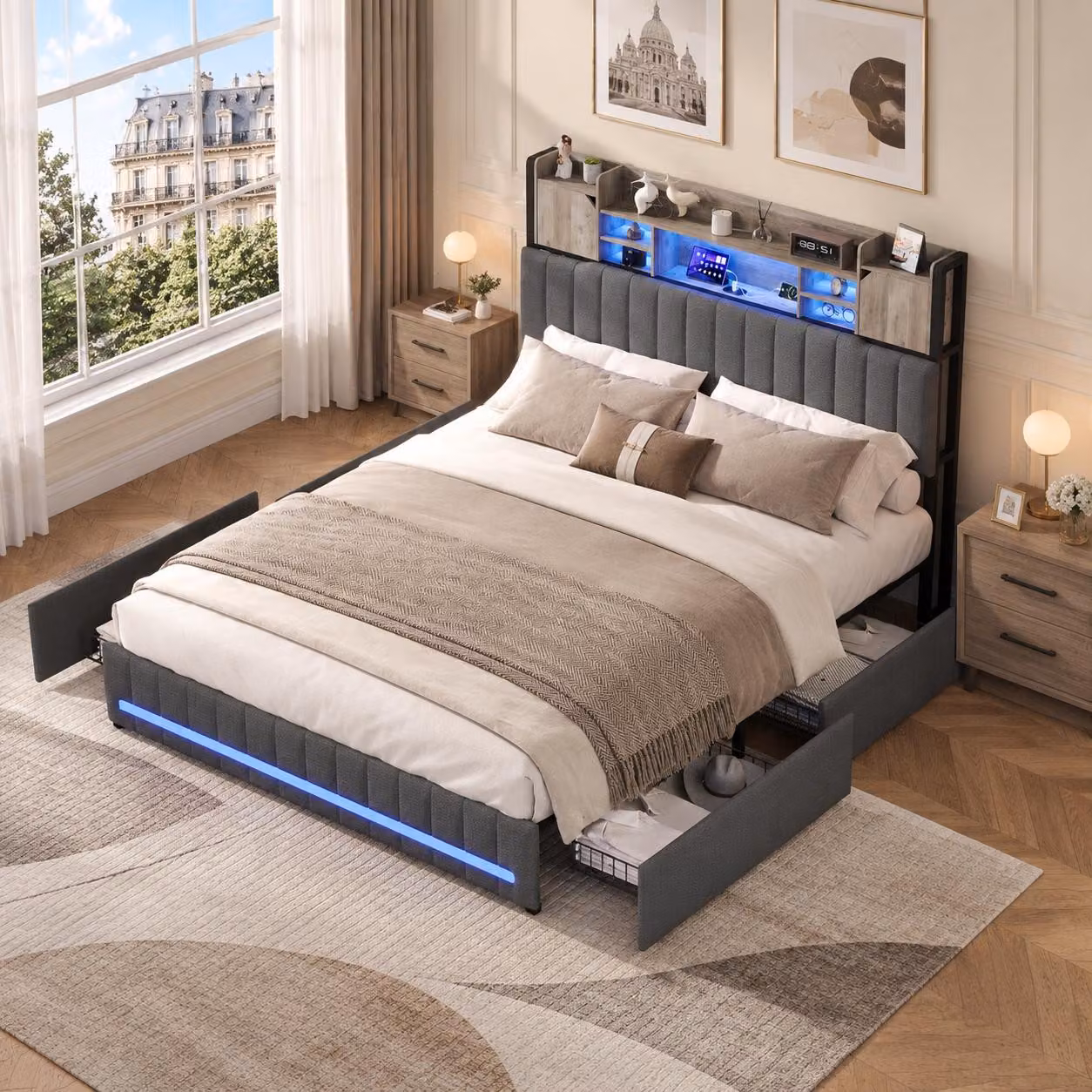 Letto imbottito INONEFT, 160 × 200 cm, letto matrimoniale con LED e USB, letto per adulti con 4 cassetti e rete a doghe, letto per ragazzi, tessuto in lino, colore grigio