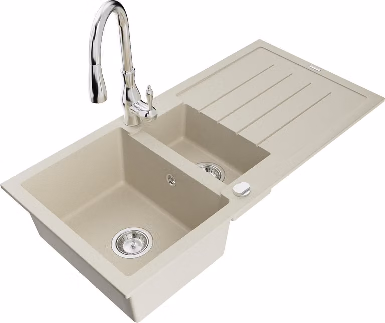 Mexen Andres lavello da cucina in granito 1,5 vasca con sgocciolatoio e rubinetto Savita, beige - 6515-69-672601-00