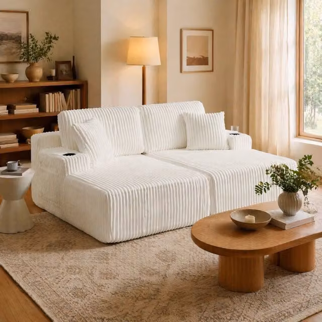Divano letto 2 posti trasformabile in velluto a coste beige con tasca laterale e portabevande HOMVRA