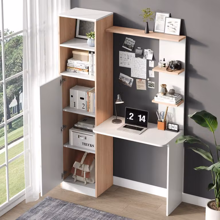 STILVORA Scrivania con contenitore, tavolo da lavoro con ripiano superiore aperto, tavolo da salotto con mobile sottostante, bianco + naturale