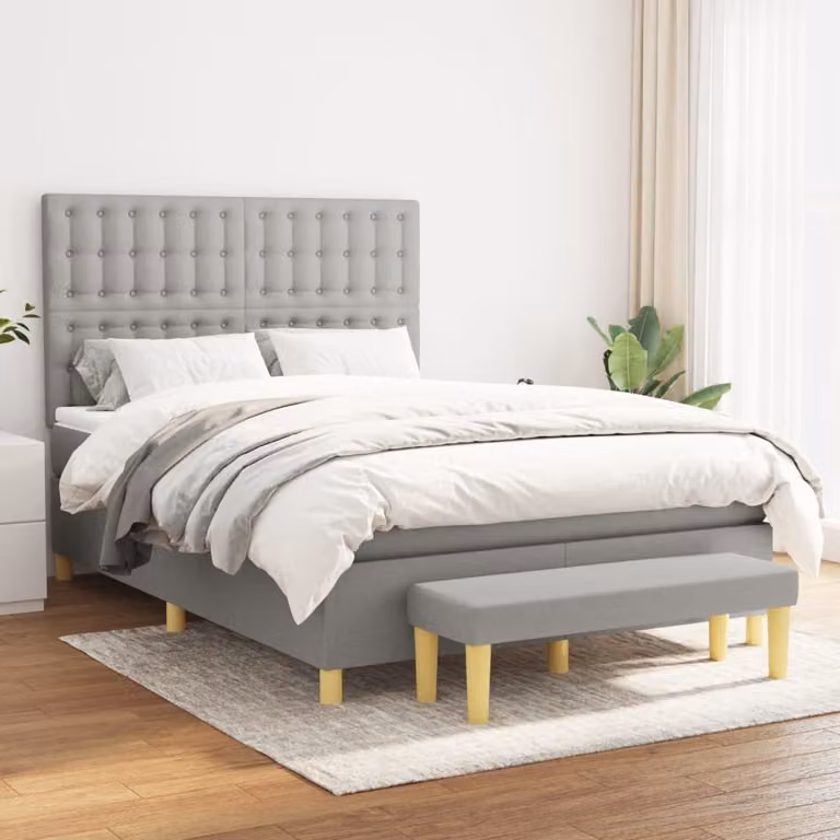 The Living Store Letto a molle con materasso grigio chiaro 140x200 cm in tessuto