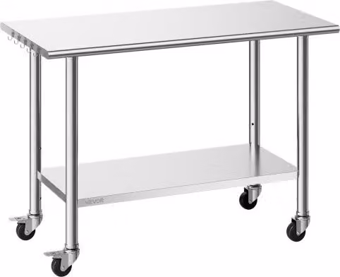 Tavolo da lavoro VEVOR in acciaio inox con ruote e ripiano portaoggetti, colore argento, L/P/H: 122,0 x 61,0 x 86,4 cm