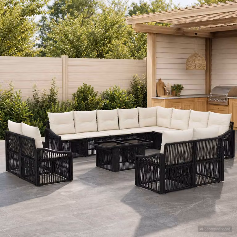 Set Divano da Giardino Moderno vidaXL in Polyrattan 13 Pezzi Nero e Bianco Crema