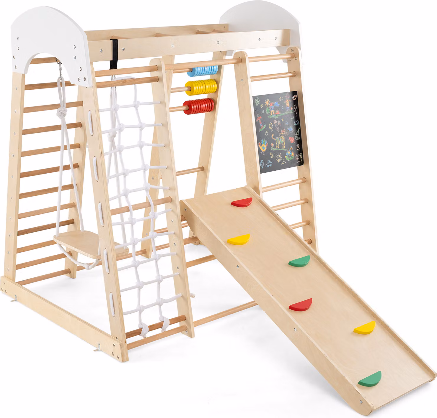 COSTWAY struttura da gioco per arrampicata, triangolo da arrampicata 8in1, rete da arrampicata, scala, scivolo, altalena, roccia da arrampicata, abaco e lavagna per bambini 3+ natura