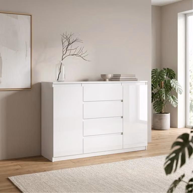 Comodà Masseno NUDO da 138,5 cm con 4 cassetti e 2 ante per soggiorno e camera da letto, stile moderno, 138,5 x 39 x 101,5 cm, bianco / bianco