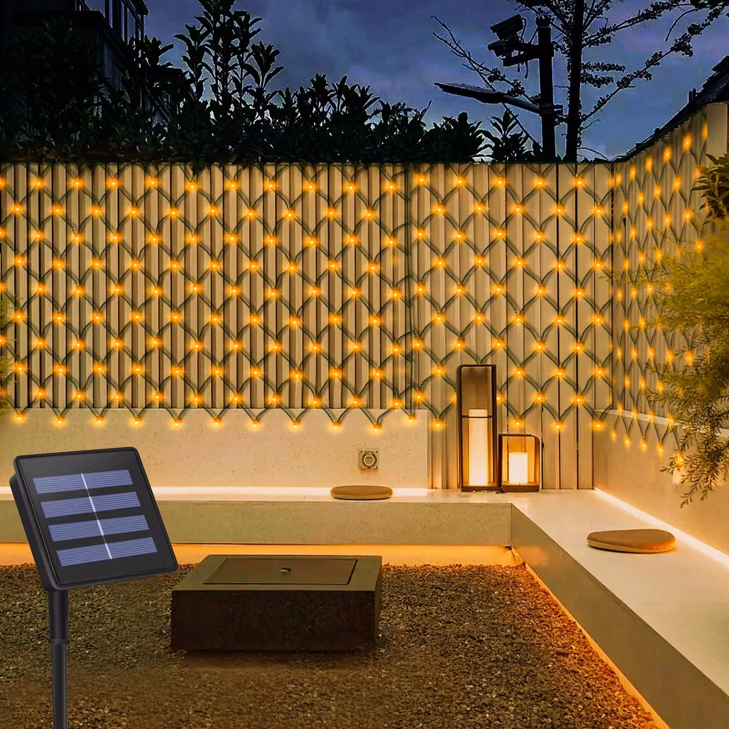 Luci solari da esterno, dimensioni 3x2 metri, 200 LED, luce bianca calda, impermeabili, con accensione automatica
