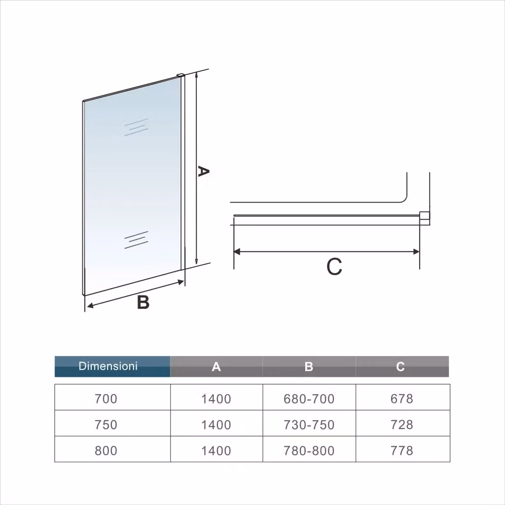 Sopravasca Parete Doccia Per Vasca Aica Italy in Vetro Temperato Trasparente con Trattamento Anticalcare e Barra Stabilizzatrice Cromata L: 75 cm, H: 140 cm – 2