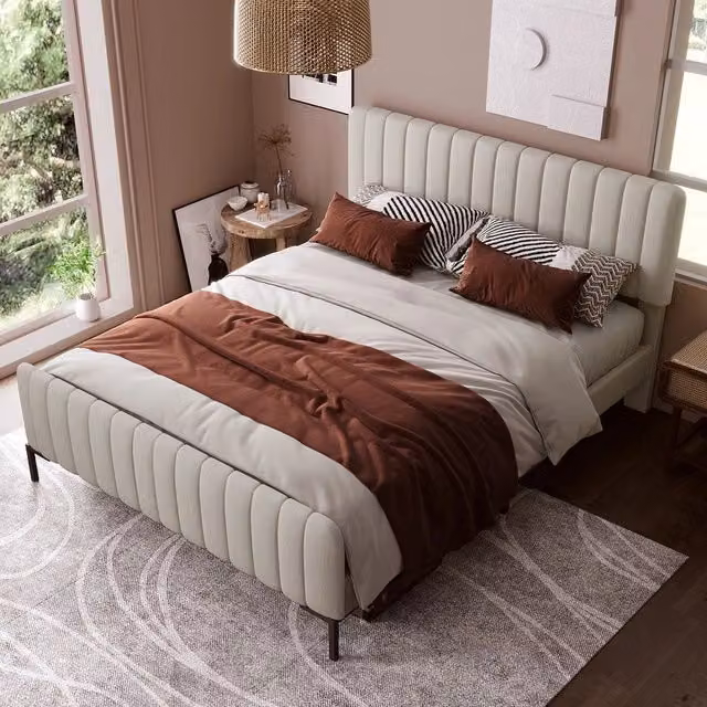 Letto Matrimoniale Imbottito con Testiera Regolabile ¨C MINIMAL ¨C Grigio Beige Tessuto Lino 160x200