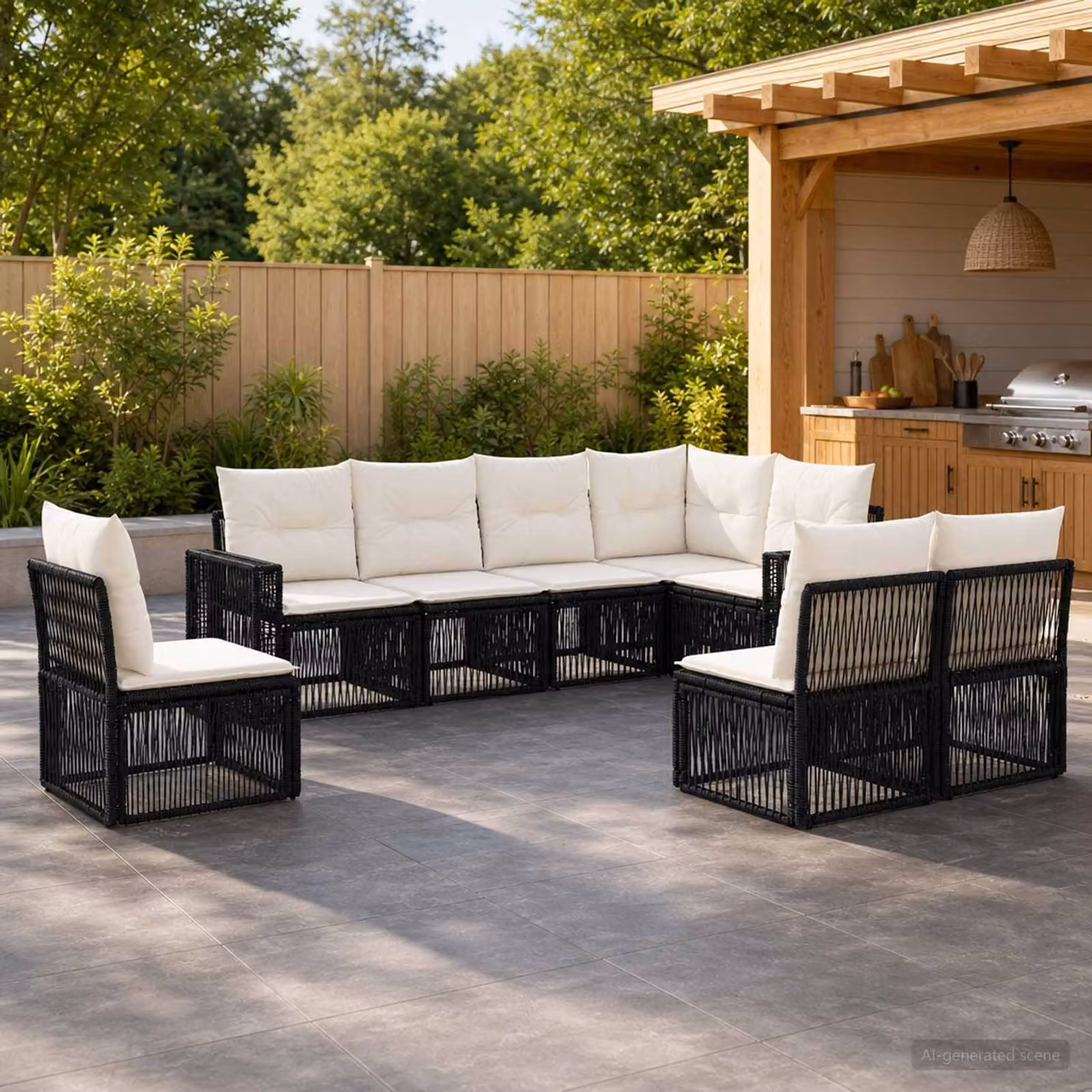 Set Divano da Giardino a L vidaXL in Polyrattan con Cuscini, Nero e Bianco