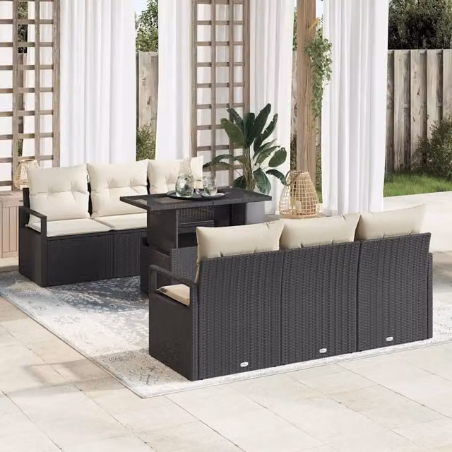 Set Divano da Giardino 7 pz 6-Numero di posti Nero e Crema 3348743