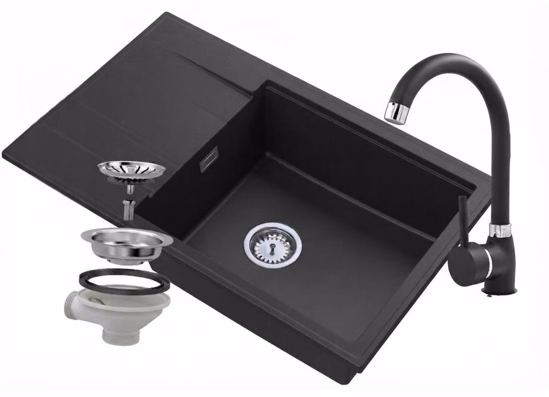 Granitan - Lavello in granito - Lavandino 80x50 cm - Lavello cucina nero - con miscelatore - LOUIS