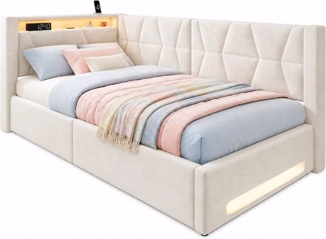 Letto contenitore singolo moderno in tessuto beige con illuminazione LED e porte di ricarica USB e Type-C, rete sollevabile, L/P/H: 90 x 200 x 38 cm