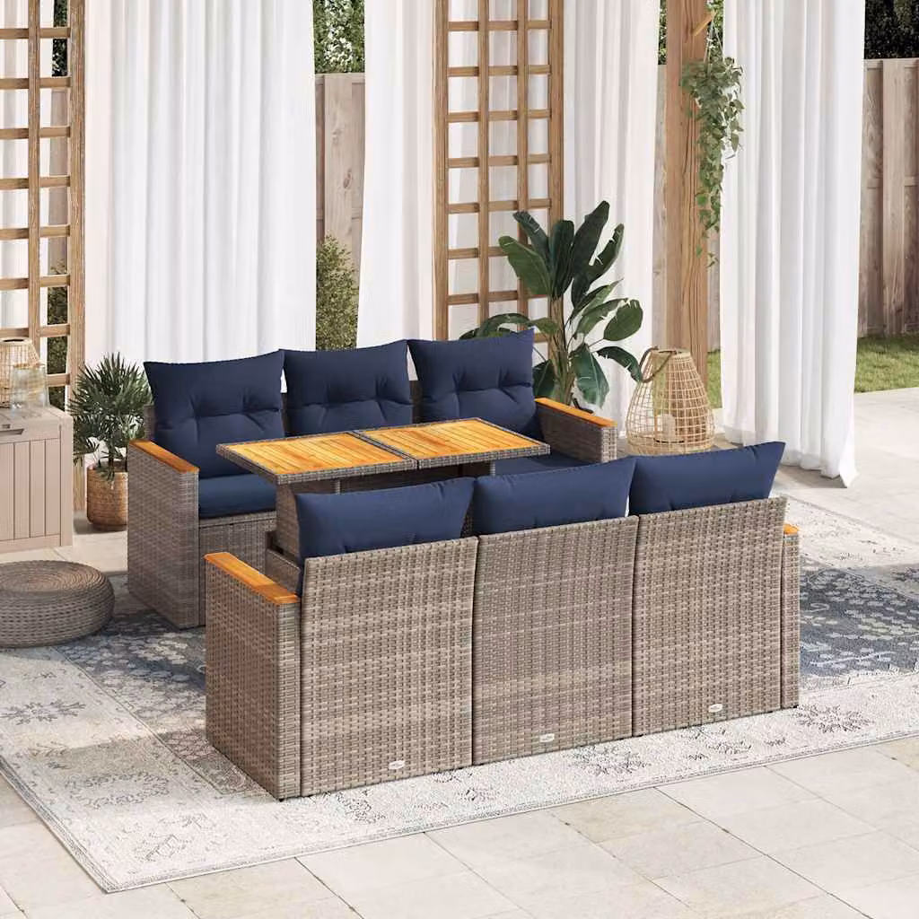 Set di divani da giardino vidaXL in polyrattan e legno di acacia oliato con 7 pezzi e cuscini grigi e blu