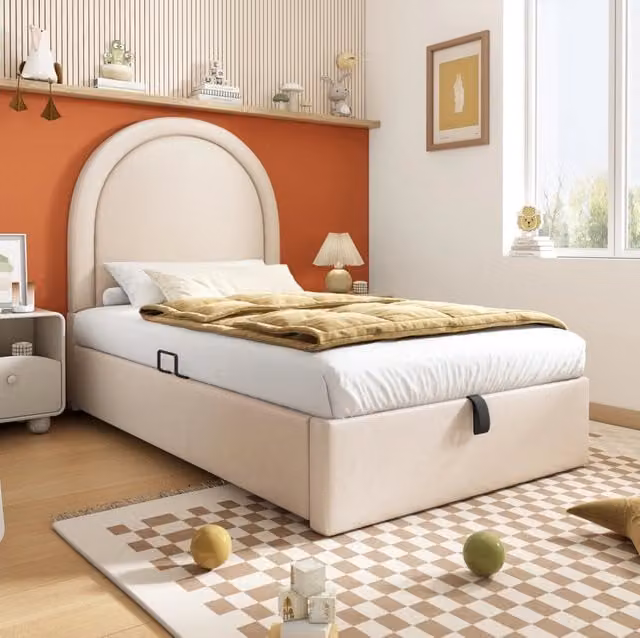 Letto singolo imbottito per bambini 90x190 cm in PU beige con telaio in metallo e legno massello, senza materasso
