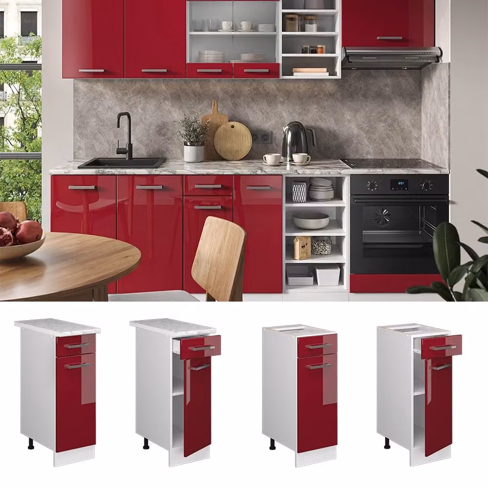 Mobiletto base per cucina Vicco R-Line Rosso lucido e Bianco con ante e cassetti L: 30 cm, H: 81,6 cm, P: 46 cm – 2