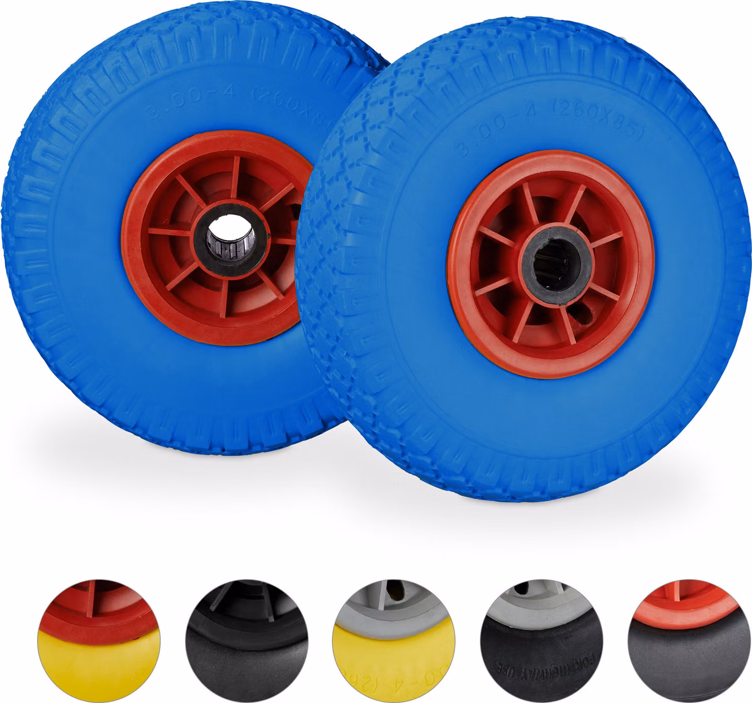 Set di 4 ruote per carrello a mano, pneumatici in gomma piena 3.00-4" anti-foratura, asse da 25 mm, portata fino a 80 kg, 260x85 mm, blu-rosso