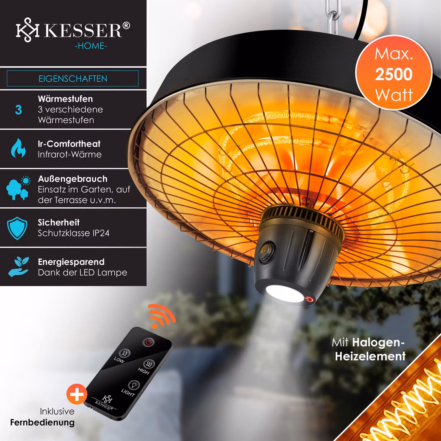 KESSER® Riscaldatore da soffitto a infrarossi a fungo da 2500 W per terrazze con telecomando | Riscaldatore al quarzo | Luce a LED | Da soffitto | Riscaldatore a infrarossi | Con catena + moschettone | Elemento riscaldante in carbonio