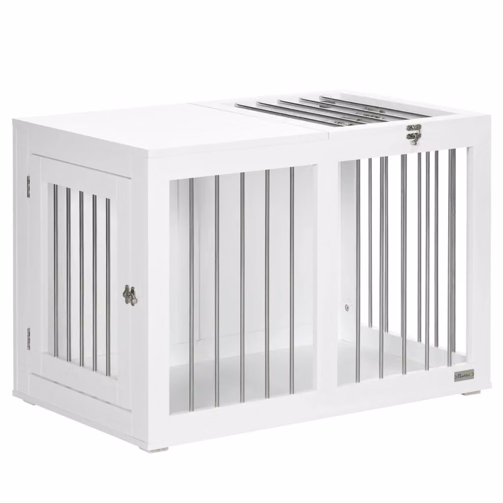 Cuccia per cani OKWISH con due porte e fondo rialzato, struttura in MDF e metallo, bianco, L: 80 cm, P: 50 cm, H: 56,5 cm – 2