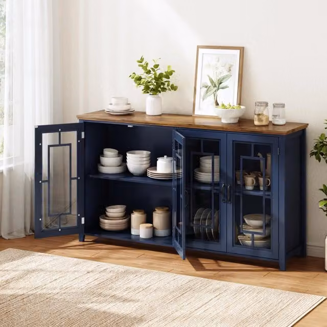Credenza con ante in vetro; due ampi vani e piano effetto legno in MDF blu per cucina 160 × 40 × 86 cm
