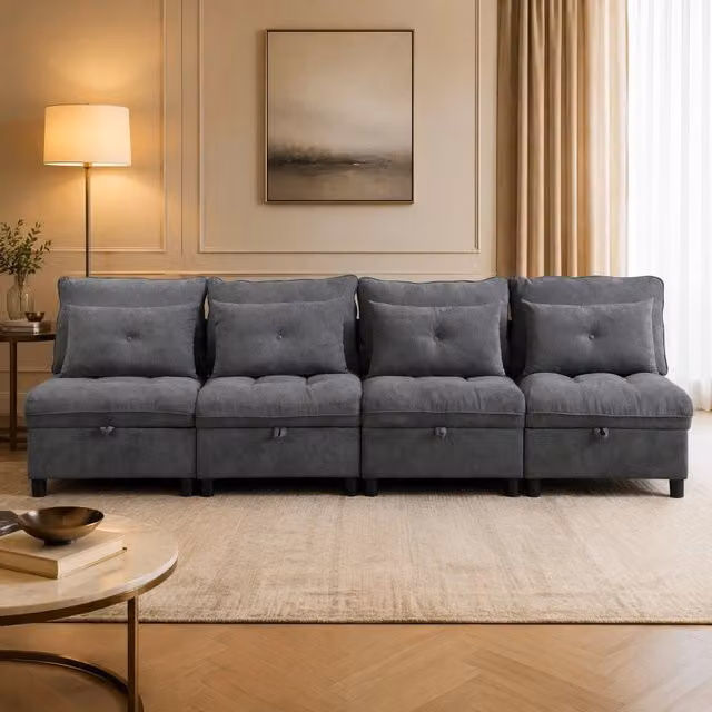 Divano modulare 4 posti con contenitore, funzione letto, chenille grigio antico