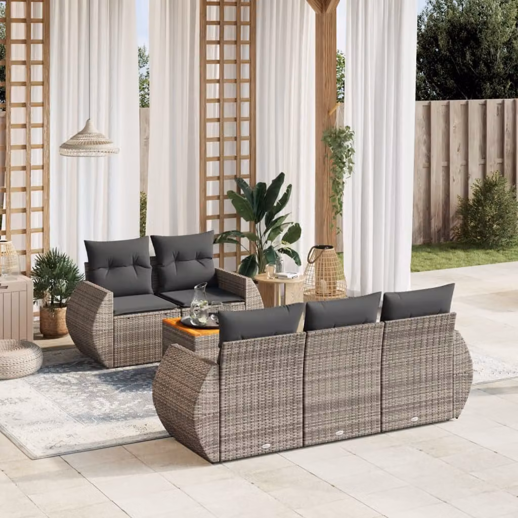 vidaXL Set Divano da Giardino a L in Polyrattan Grigio con Cuscini e Tavolino da 6 Pezzi – 1