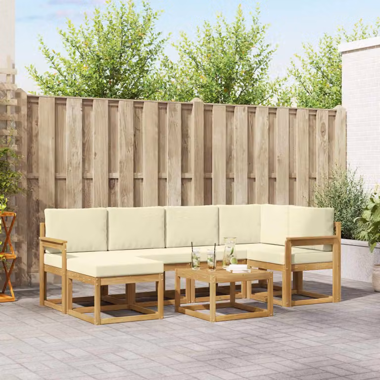 vidaXL Set di divani da esterno a L composto da 7 pezzi in legno di acacia con cuscini, bianco e beige
