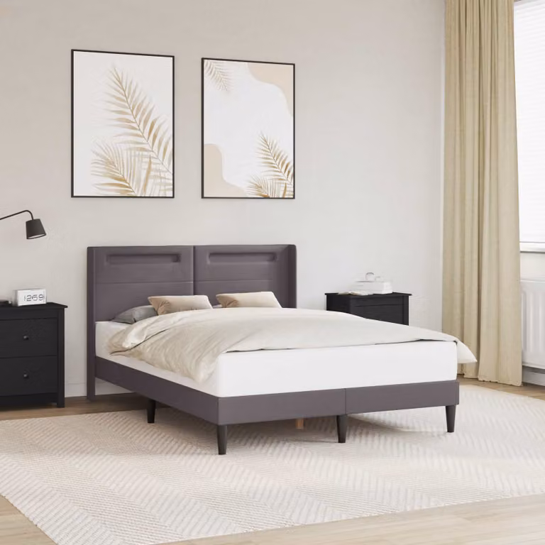 Letto matrimoniale con testiera vidaXL in similpelle grigio, dotato di illuminazione sottostante e porta USB, L/P/H: 160 x 200 x 102 cm