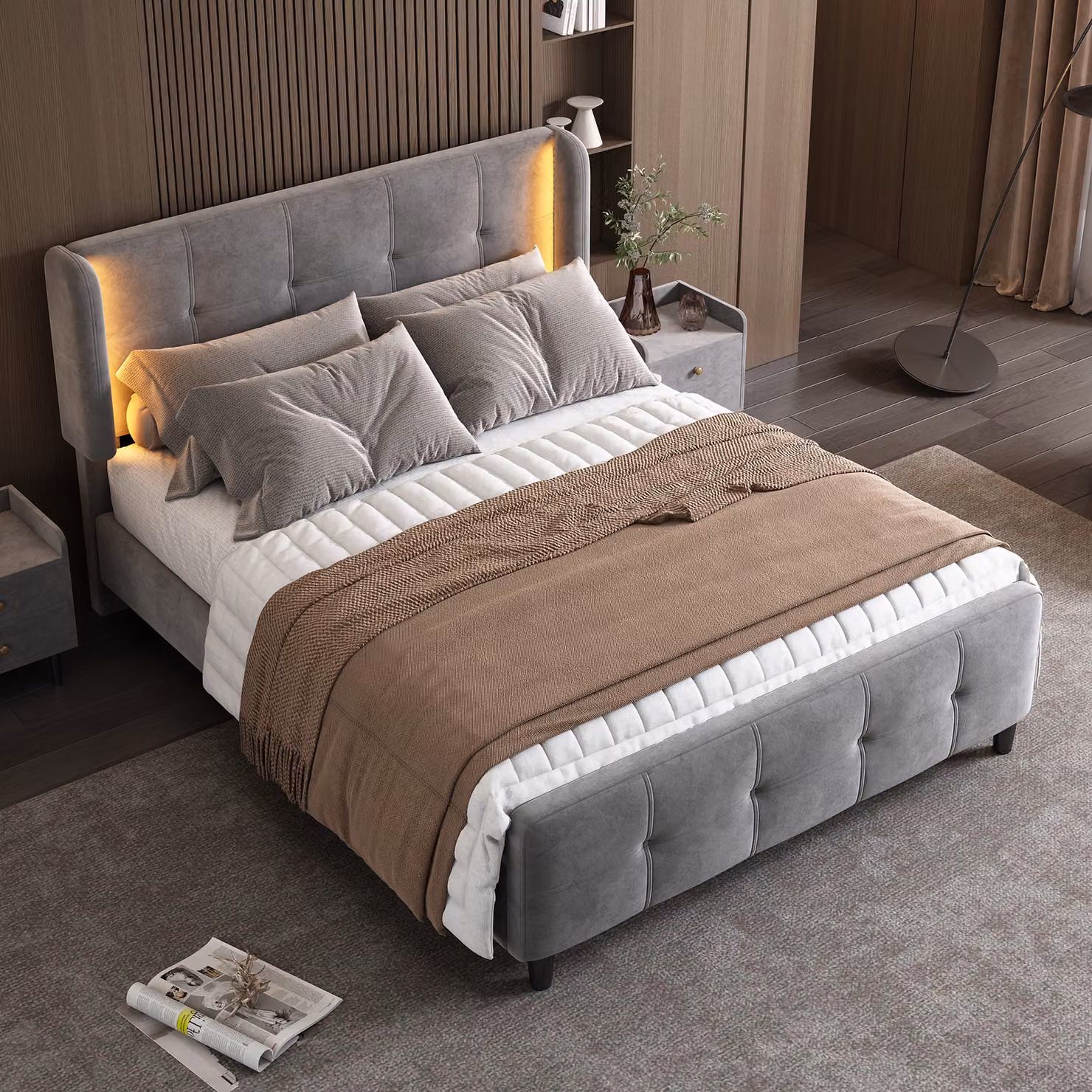 MODFU Letto imbottito Funzionale 140 × 200 con testiera regolabile, Letto matrimoniale per ragazzi con illuminazione LED a 16 colori, velluto, senza materasso, grigio