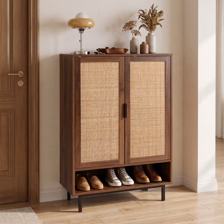 Scarpiera da ingresso Costway in stile Mid-Century con 2 ante in rattan e scomparto aperto, mobile porta scarpe marrone con ripiani regolabili