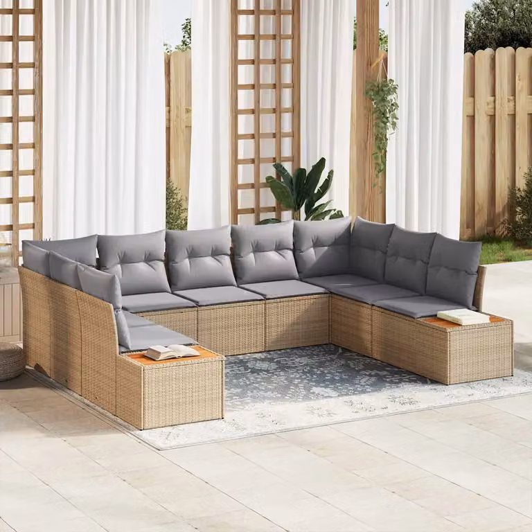 Set Divano da Giardino a L vidaXL per 9 Persone con Cuscini Beige e Grigio in Polyrattan e Metallo