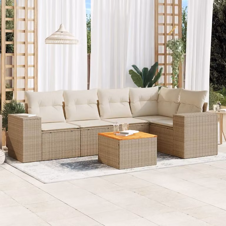 Set Divano da Giardino vidaXL 6 pz a L in Polyrattan con Cuscini Beige e Tavolino