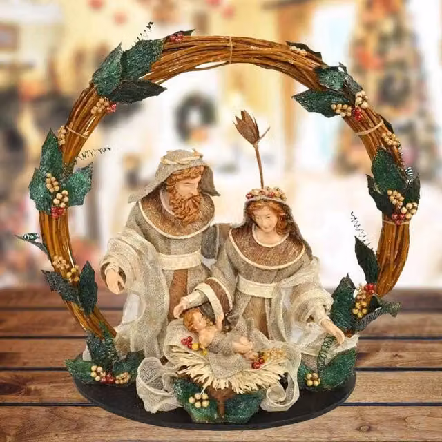 Presepe Natività con Corona in Legno e Agrifoglio Trade Shop - Decorazione Natalizia Multicolore - Altezza: 49 cm
