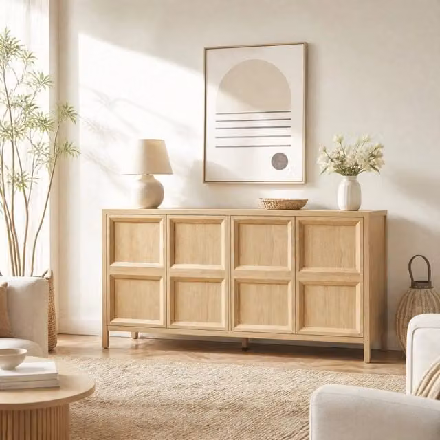 Sideboard moderno 160x40x80 cm in rovere chiaro con apertura Tip-On, cerniere soft-close e fissaggio anti-ribaltamento