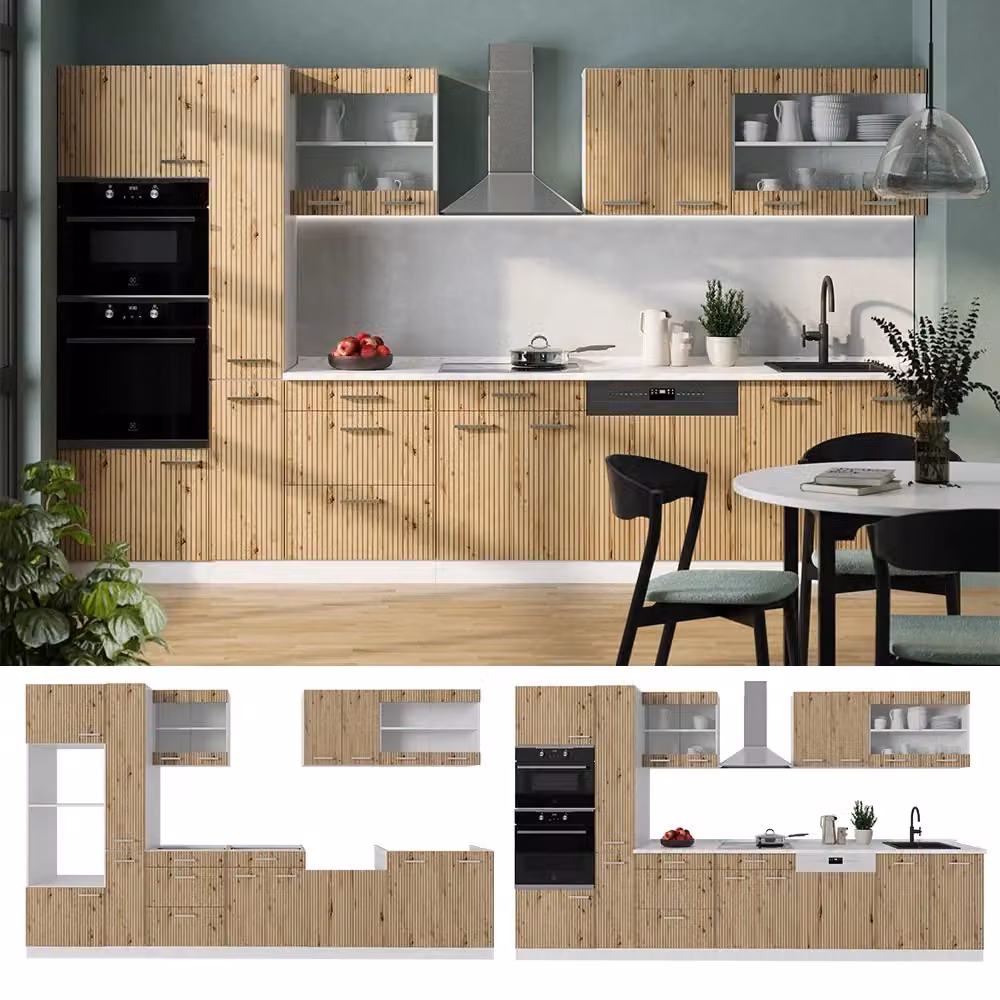 Cucina componibile moderna Vicco R-Line Rovere e Bianco, L: 350 cm – 2