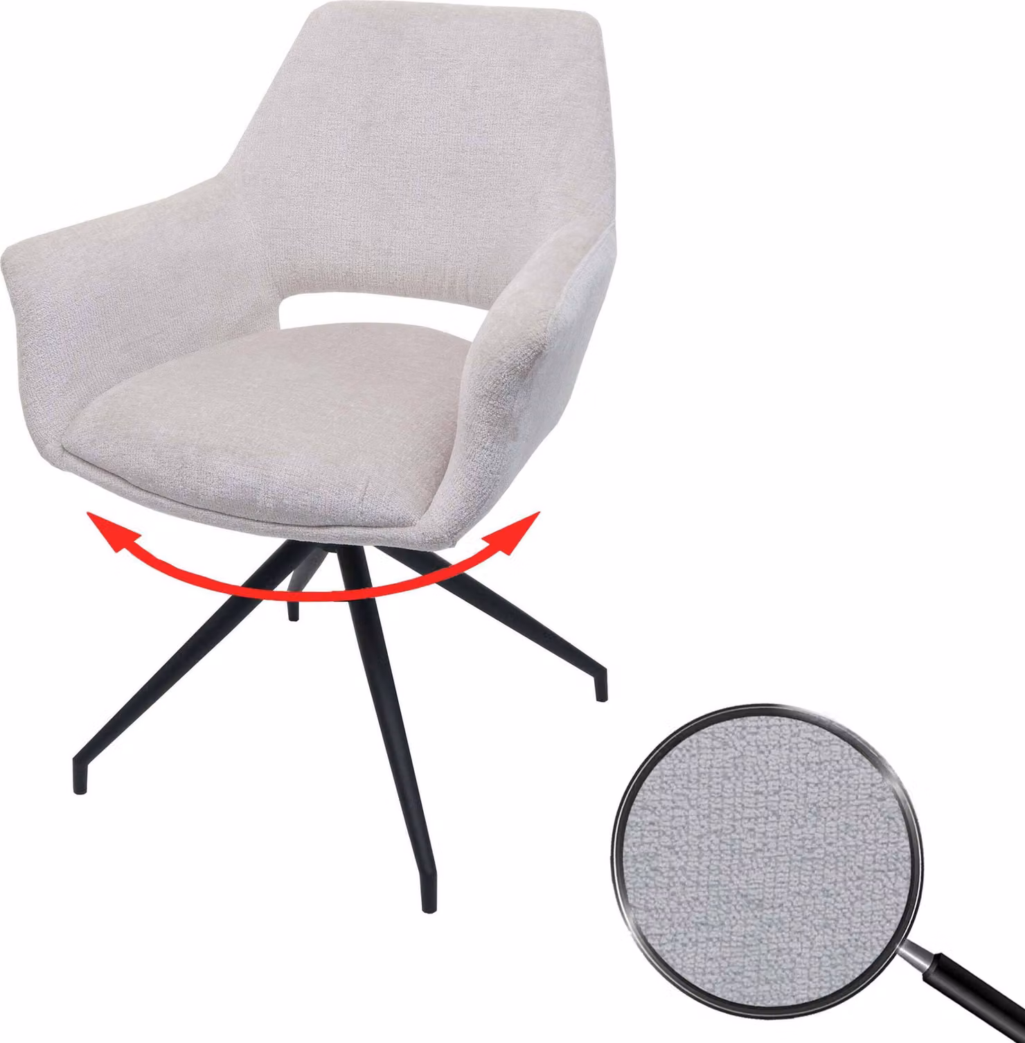 Sedia da pranzo HWC-M53, sedia da cucina imbottita con braccioli, posizione girevole automatica, metallo tessuto MVG ~ bianco panna