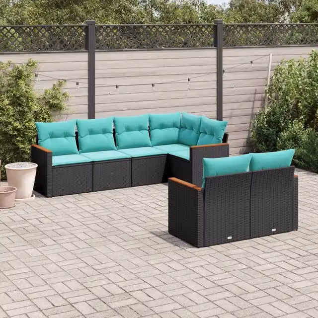 Set di divani da giardino vidaXL a forma di L composto da 7 pezzi con cuscini, struttura in metallo e rattan nero con cuscini blu, turchese e nero