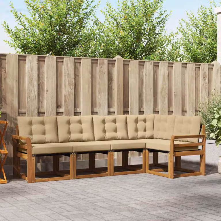 Set di divani da esterno a L vidaXL in legno di acacia con cuscini beige e marrone