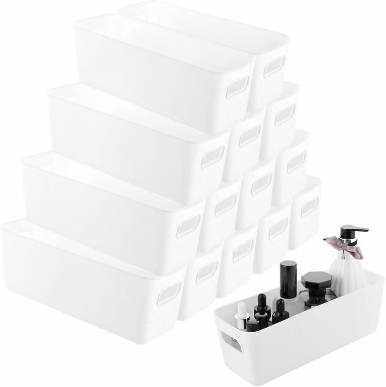 Contenitore di stoccaggio, dimensioni 27x9,5x9 cm, confezione da 15 pezzi, colore bianco, materiale: plastica, ideale per la cucina