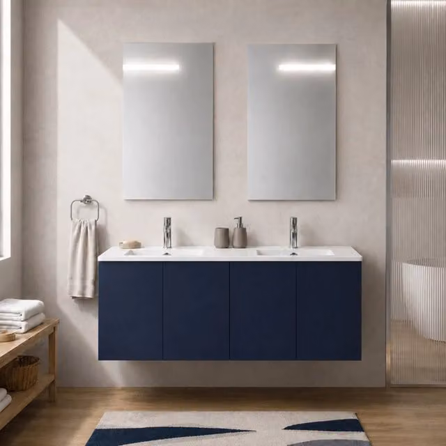 Mobile bagno sospeso 120 cm blu quattro ante e doppia vasca Tierra