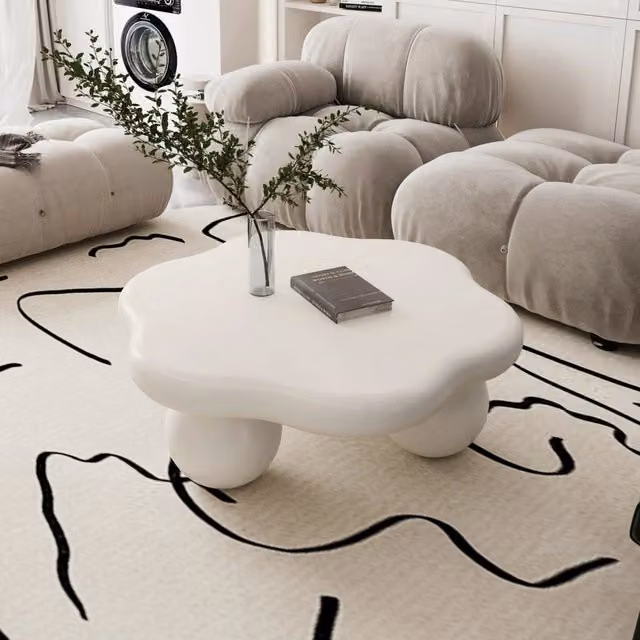 Tavolino basso fisso a nuvola con gambe sferiche in MDF color bianco crema diametro 80 × altezza 35 cm