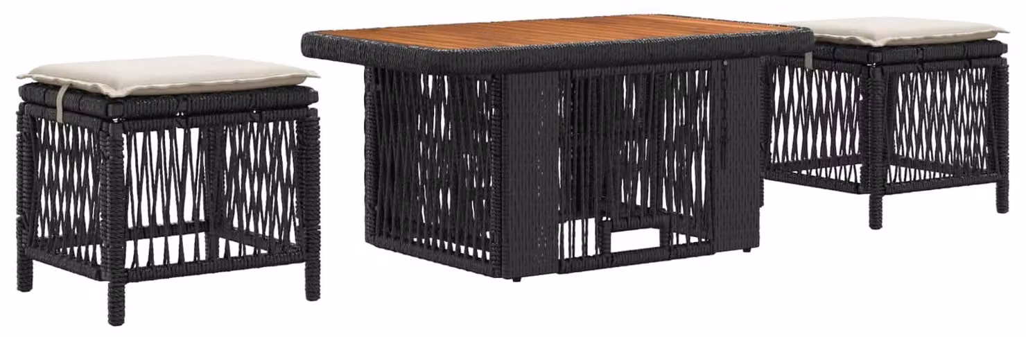 Set da Pranzo per Giardino 3 pcs Nero e Crema polyrattan
