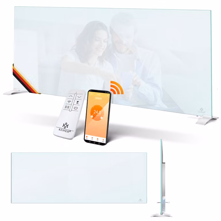 Riscaldamento a infrarossi KESSER® - Convettore in vetro - Riscaldamento a vetro - Efficiente - 2 in 1 (modello da appoggio e da parete) - Riscaldamento elettrico con rilevamento finestre aperte + telecomando e controllo tramite app - Termostato - Pannell
