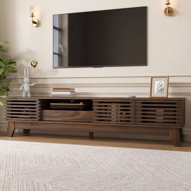 Mobile TV 170x35x40 cm con cassetto e vani aperti in MDF noce