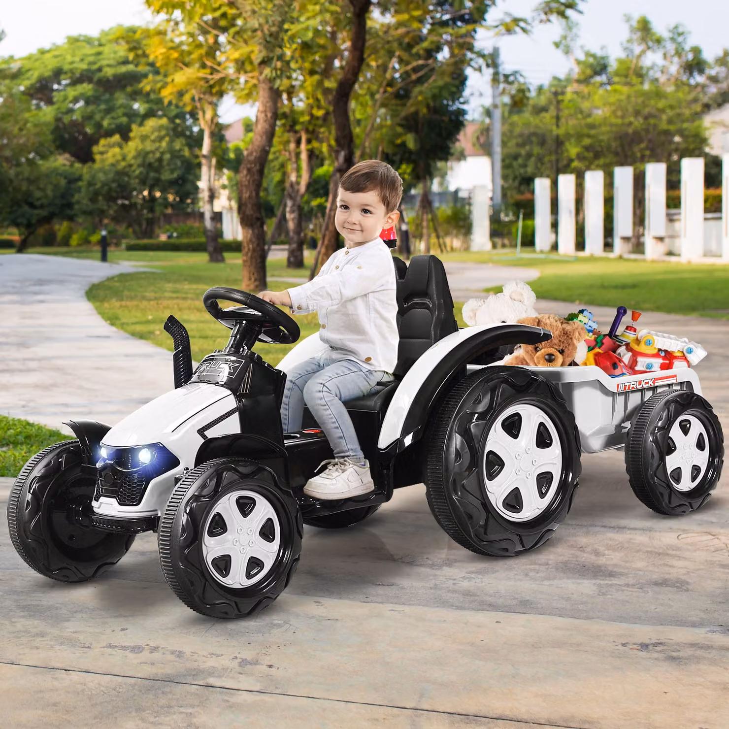 Costway Trattore Elettrico per Bambini con Rimorchio e Telecomando, Giocattolo 2 in 1 Bianco – 3