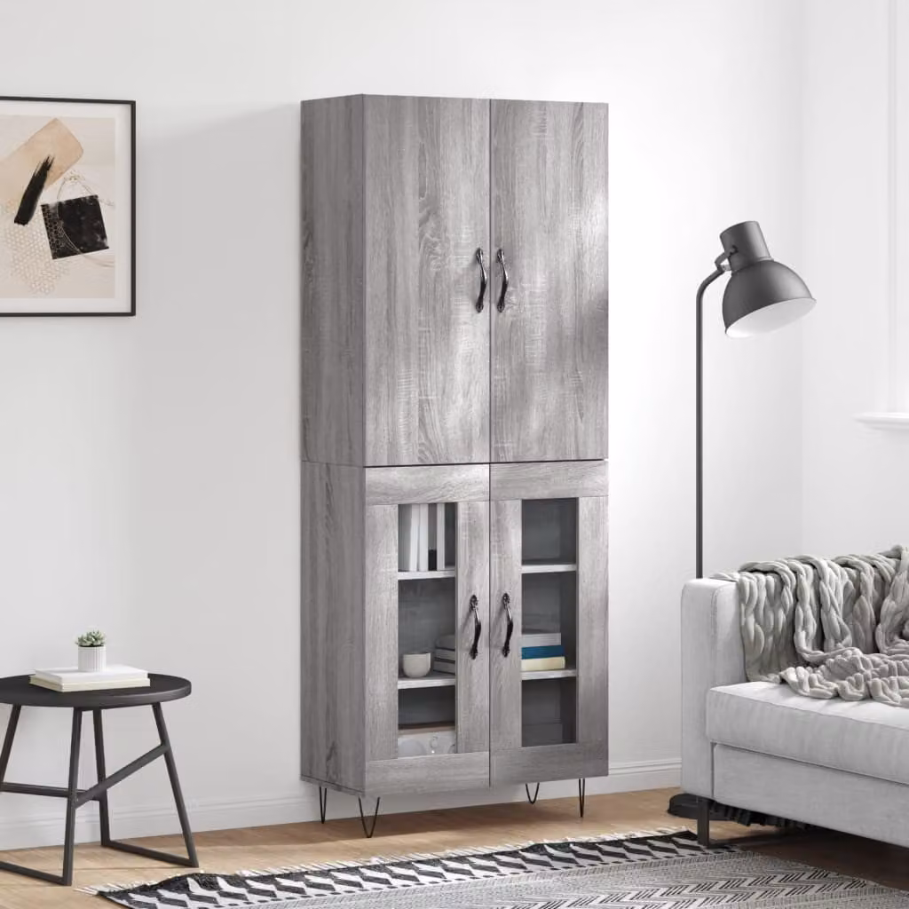 Credenza vidaXL Grigio Sonoma con ante in vetro e ripiani interni, L: 69,5 cm, P: 34 cm, H: 180 cm