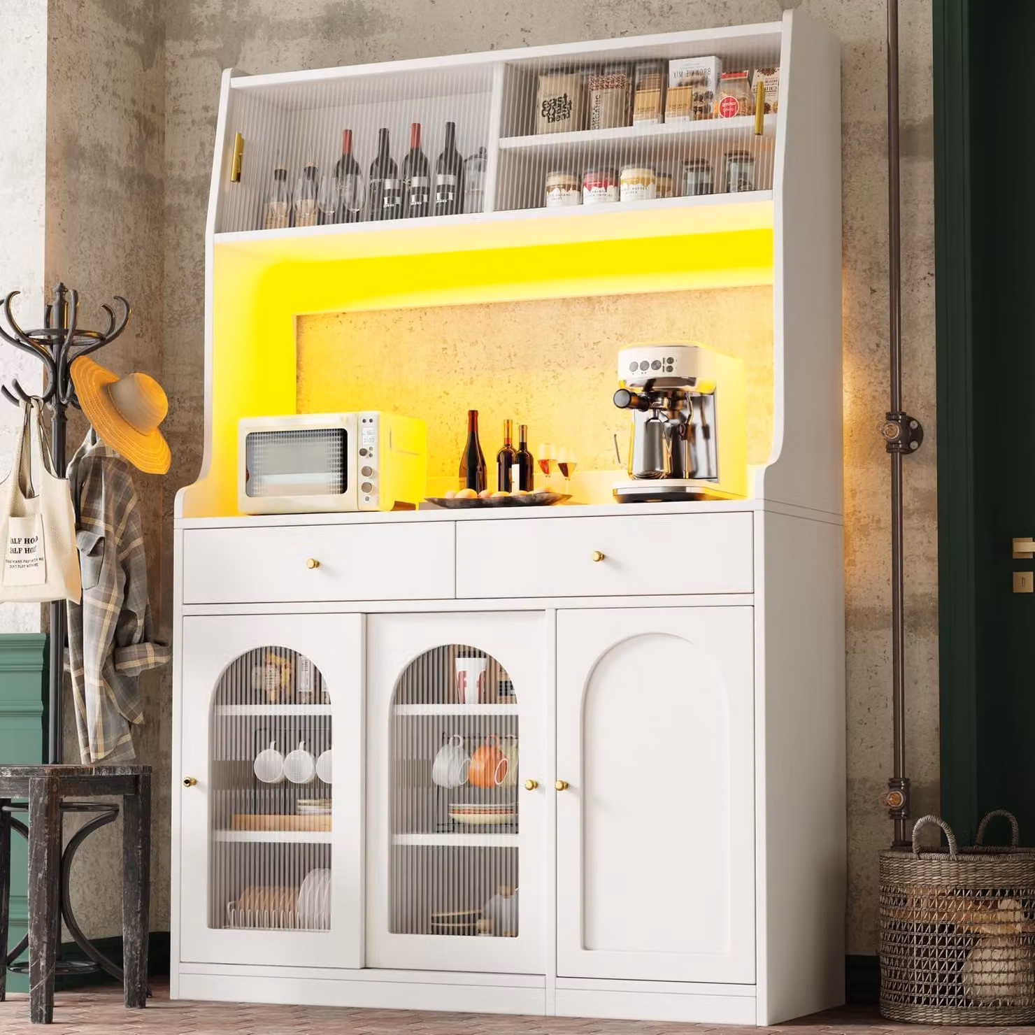Mobiletto da cucina con 2 cassetti e illuminazione a LED, colore bianco
