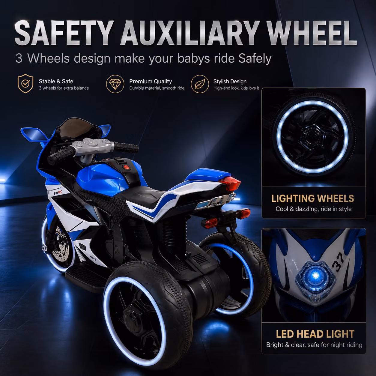 Moto elettrica per bambini Aosom con ruote luminose, marcia avanti/indietro e indicatore batteria, Blu, L: 78,1 cm, P: 40,6 cm, H: 51,5 cm – 2