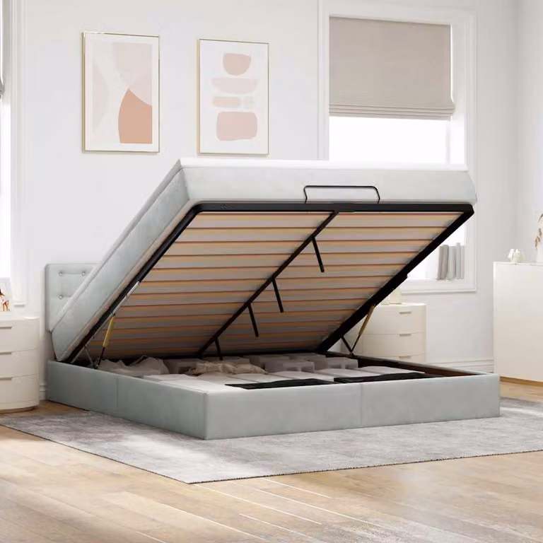 vidaXL Struttura Letto con Materasso e Contenitore a Sollevamento in Velluto, L/P/H: 180 x 200 x 88 cm, Grigio e Bianco